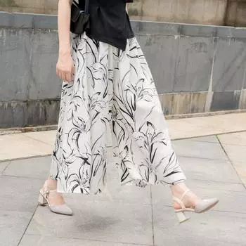 Cool Ice Silk Nine-point Pants Skirt Wide-leg Pants New High-waist Drooping Retro Ink Printing Skirt S