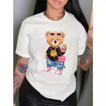 Cool Little Bear Print T-shirt Short Sleeve Crew Neck Casual Top for Summer Spring Women s Clothing Shirt S