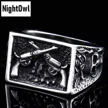 Cool Mens Stainless Steel Punk Biker Western Cowboy Skull Gun Ring Size 7-15 7
