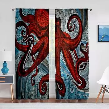 Cool Red Octopus Ocean Marine Life Chiffon Sheer Voile Curtains for Living Room Bedroom Kitchen Decor Window Tulle Curtain Drape 1 PCS W100XH250cm&Rod Pocket