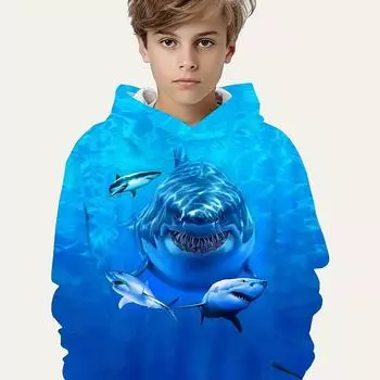 Cool Shark 3D Graphic Print Boys Casual Pullover Long Sleeve Hoodies, Boys Sweatshirt For Spring Fall, Kids Hoodie Tops Outdoor 100