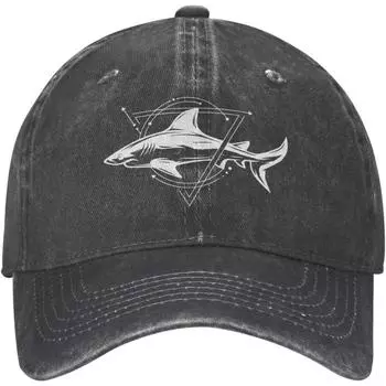 Cool Shark Black Vintage Distressed Adjustable Washed Denim Cotton Low Profile Mens Dad Trucker Hat Black