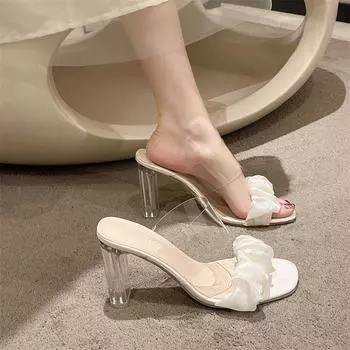 Cool slippers female summer outer wear 2025 new fairy style Korean version thick heel fashion square head high heel one-word drag 34