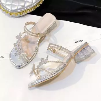 Cool slippers two wearing style summer thick heel transparent women s new bow sandals outside wearing fairy fashion 35