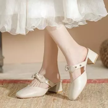 Cool slippers women s 2024 new outer wear summer super fire bag head French gentle thick medium heel high heel single shoes half slippers 34 абрикосовый