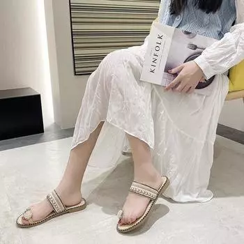 Крутые женские тапочки 2024 года, лето, новые, ананасовые, жемчужные, со стразами, носок, пляжная обувь на плоской подошве, римские тапочки 35