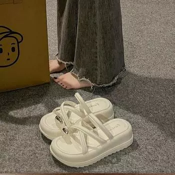 Cool slippers women s outer wear summer new thick-soled heightening small beach shoes muffin bottom cover toe half slippers 35