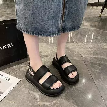Cool slippers women s outerwear 2024 spring and summer new platform casual beach sandals fashion bread word sandals 35 чёрный