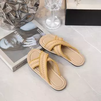 Cool slippers women s outerwear new summer braided cross bohemian student flat bottom one-word 35 жёлтый