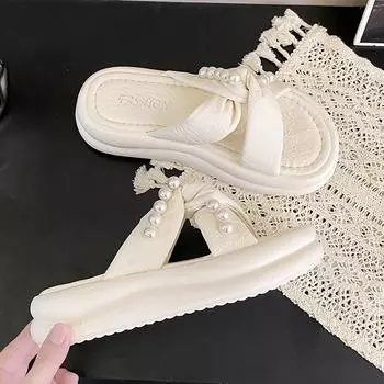 Cool slippers women s summer new with skirt beaded thick bottom outer wear cross word fashion slippers 35