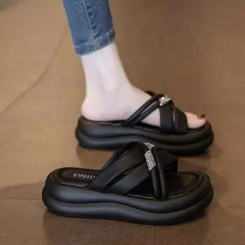 Cool slippers women s summer outer wear with skirts fashionable new high-end thick-soled one-word slippers women 35 чёрный