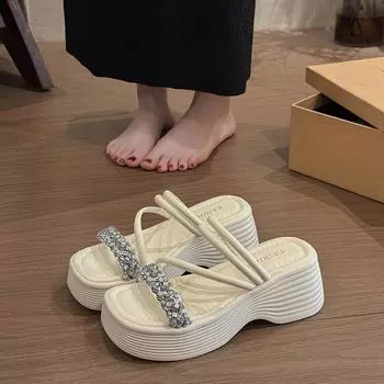 Cool slippers women s summer outer wear new beautiful rhinestones with skirts thick bottom heightening beach one-word slippers 35