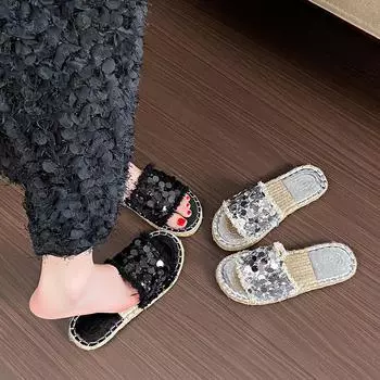 Крутые тапочки женская летняя верхняя одежда 2024 года новая пеньковая веревка толстый низ мода универсальные блестки одно слово удобные 35 серебряный