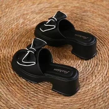 Cool slippers women s summer outer wear fashion 2024 new versatile muffin thick bottom heightening bow women s wedge slippers 35 чёрный