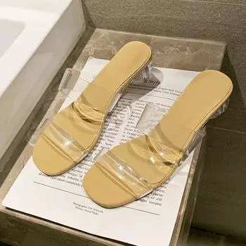 Cool slippers women s summer outer wear fashion 2025 new summer crystal transparent high heels thick heel medium heel sandals 35