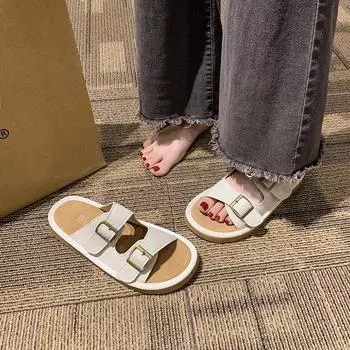 Cool slippers women s summer outer wear 2025 new thick-soled lazy Japanese retro Boken shoes pregnant women non-slip beach sandals 35 бежевый