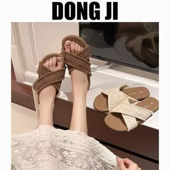 Cool slippers women s summer wear 2025 new bohemian soft flat beach sandals fashion pregnant women one-word 35 хаки