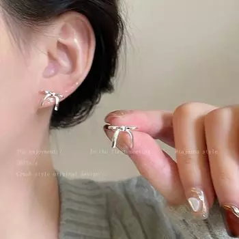 Cool Style Silver Gentle Women s Daily Bows A pair of Bows ear needles (silver needles)