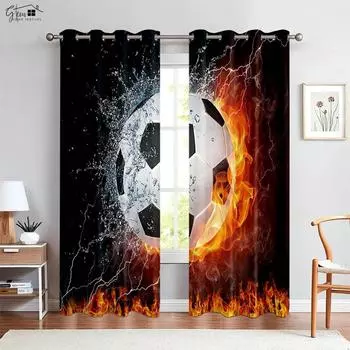 Cool Water And Fire Football Hot-Blooded 3d Printed Curtains Suitable For Bedroom Living Room E-Sports Decorative Curtains 2PCS W50xH130(CM)x2PCS&Grommet Top