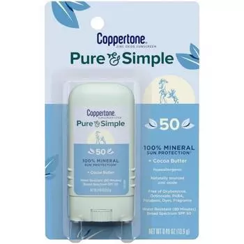 Coopertone Pure and Simple Zinc Oxide Mineral Sunscreen Stick SPF 50 Face Waterproof Wide Spectrum For Sensitive Skin 0.49 Oz