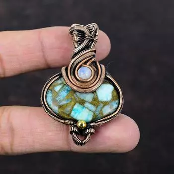 Copper Amazonite Pendant Copper Wire Wrapped Pendant Rainbow Moonstone Jewelry Gemstone Handmade Pendant Gift For Bridal Copper Wire Jewelry