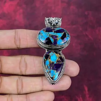 Copper Amethyst Turquoise Handmade Gemstone Pendant, 925 Solid Sterling Silver Pendant Antique Jewelry, For Memorial Day 2.75 Inches