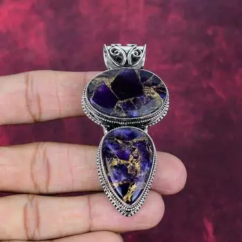 Copper Amethyst Turquoise Handmade Gemstone Pendant, 925 Solid Sterling Silver Pendant Antique Jewelry, For Memorial Day 2.75 Inches