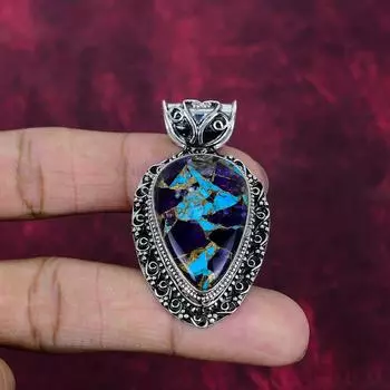 Copper Amethyst Turquoise Handmade Gemstone Pendant, 925 Solid Sterling Silver Pendant Antique Jewelry, For Memorial Day 2.04 Inches