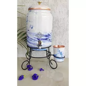 Copper Aqua Blue Printed Design Water Pot Heavy Gauge with Brass Tap & Copper Glass & Stand, Storage & Serving Water, Volume- 5 Liters