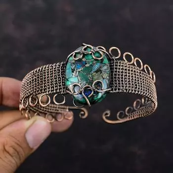 Медный браслет из азурита и малахита, обмотанный медной проволокой, ювелирные изделия ручной работы с драгоценными камнями, регулируемый браслет для подарка, обмотанный медной проволокой, браслет-манжета