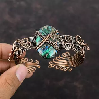 Медный браслет из азурита и малахита, обмотанный медной проволокой, ювелирное изделие ручной работы с драгоценными камнями, регулируемый браслет, обмотанный проволокой, дизайнерский браслет, подарок