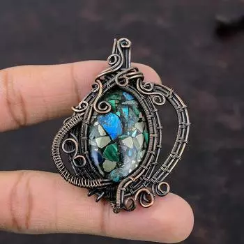 Медный лазуритовый малахитовый кулон, медная проволочная обертка, драгоценный камень, медные украшения, элегантный кулон, ручная работа, проволочная обертка, ювелирные изделия, подарок для нее