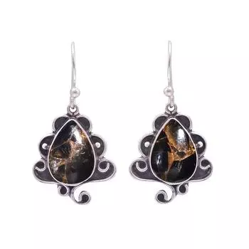 Copper Black Obsidian 925 Sterling Silver Earring V9831, Black Earring, Pear Earring, Valentin s Day Gift, Gift For Her, Birthday Gift, Handmade Jewel