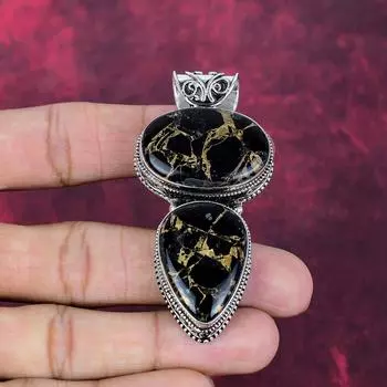 Copper Black Tourmaline Handmade Gemstone Pendant, 925 Solid Sterling Silver Pendant Antique Jewelry, For Engagement Gift 2.75 Inches