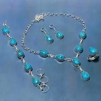 Copper Blue Turquoise Gemstone Handmade 925 Sterling Silver Jewelry Set P5q59