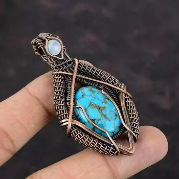 Медный голубой бирюзовый кулон, медная проволока, обернутая ювелирными изделиями, радужный лунный камень, драгоценные камни, ювелирные изделия для подарка, уникальная медная подвеска ручной работы