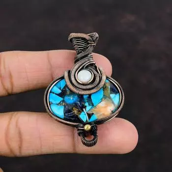 Copper Blue Turquoise Pendant Copper Wire Wrapped Jewelry Rainbow Moonstone Pendant Handmade Gemstone Jewelry Copper Pendant Gift For Mother