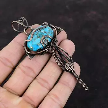 Медно-голубой бирюзовый кулон, обернутый медной проволокой, ювелирное изделие с драгоценными камнями, кулон для женщин, ювелирное изделие ручной работы, обернутый медной проволокой, подарок для нее
