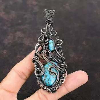 Copper Blue Turquoise Pendant Copper Wire Wrapped Jewelry Natural Gemstone Jewelry Wrapped Pendant For Gift Handmade Jewelry Copper Pendant