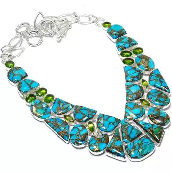 Copper Blue Turquoise,Peridot Gemstone Handmade 925 Silver Jewelry Necklace 18 JCN484-162