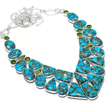 Ожерелье из серебра 925 пробы ручной работы с бирюзой и медно-голубым перидотом 18 дюймов JCN484-150