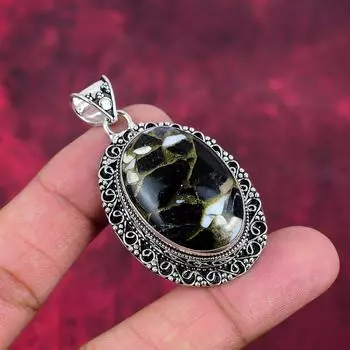 Copper Buffalo Jasper Pendant, Gemstone Jewelry 925 Sterling Silver Pendant, Gift For Women Handmade Pendant 2.16 Inches чёрный