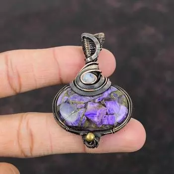 Медный кулон с чароитом, медная проволока, обернутая кулоном, драгоценный камень, подвеска ручной работы, кулон с радужным лунным камнем, медные украшения, подарок для нее