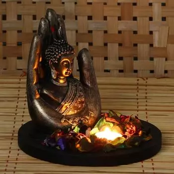 Copper Finish Handcrafted Palm Buddha Decorative Showpiece with Wooden Base, Fragranced Petals and Tealight