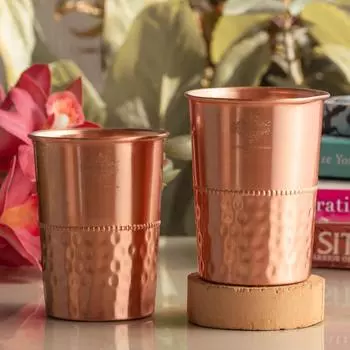 Copper Glass with Half Lacquer Hammer Design – 275 ML, Elegant Copper Drinkware for Home, Office, Travel, and Gifting, Set of 2