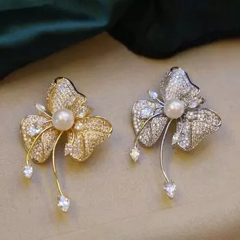 Copper Gold-plated Bauhinia Brooch with Zircon and Pearl Accents