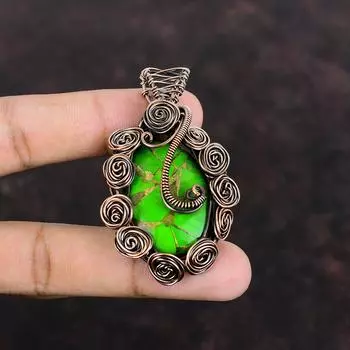 Copper Green Turquoise Pendant Copper Wire Wrapped Pendant Handmade Pendant Wire Wrap Jewelry Gemstone Pendant Copper Jewelry Gift For Women