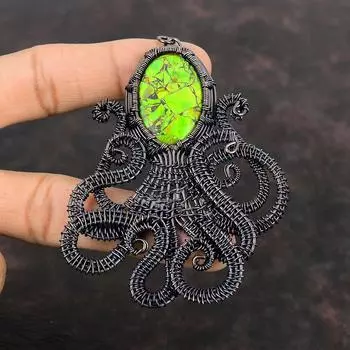Copper Green Turquoise Pendant Copper Wire Wrapped Pendant Octopus Jewelry For Gift Handmade Gemstone Pendant Green Turquoise Copper Jewelry