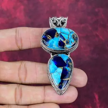 Copper Lapis Turquoise Handmade Gemstone Pendant, 925 Solid Sterling Silver Pendant Antique Jewelry, Love Forever Gift 2.75 Inches