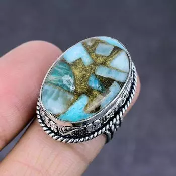 Copper Larimar Gemstone Handmade 925 Sterling Silver Jewelry Ring Size 7 B6P81